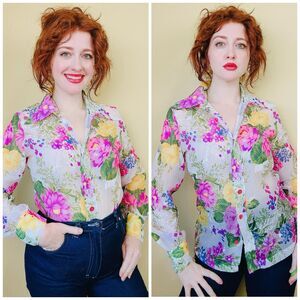 1970s Vintage Nylon Sheer White Floral Blouse / 70s Hot Pink Neon Large